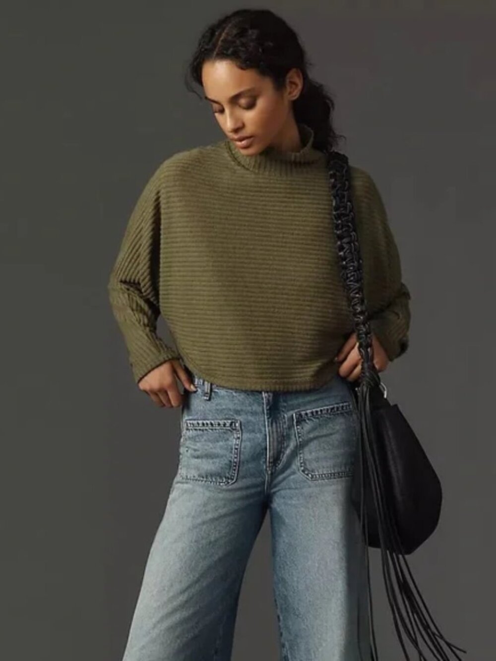 Anthropologie Pilcro Cozy Ribbed Turtleneck Batwing Pullover Green Size Small